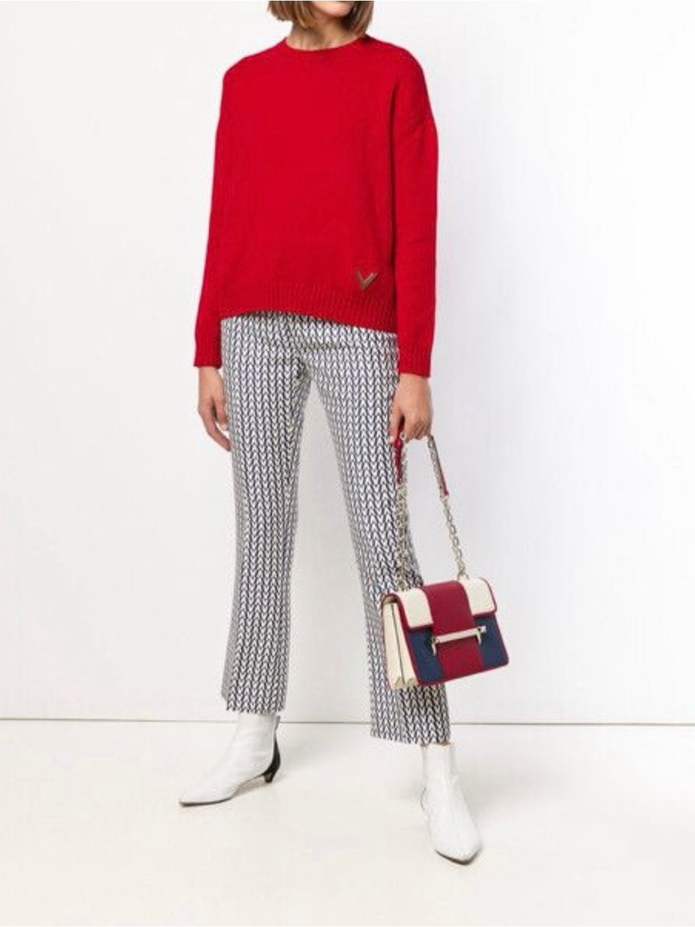 Valentino Red Crewneck 100% Cashmere Sweater with gold V Logo
